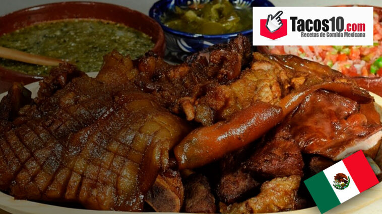 Carnitas con frijoles, pico de gallo y salsa verde